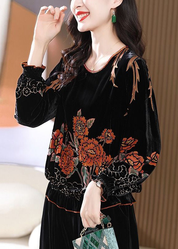 Black O Neck Ruffled Print Silk Velour Tops Long Sleeve