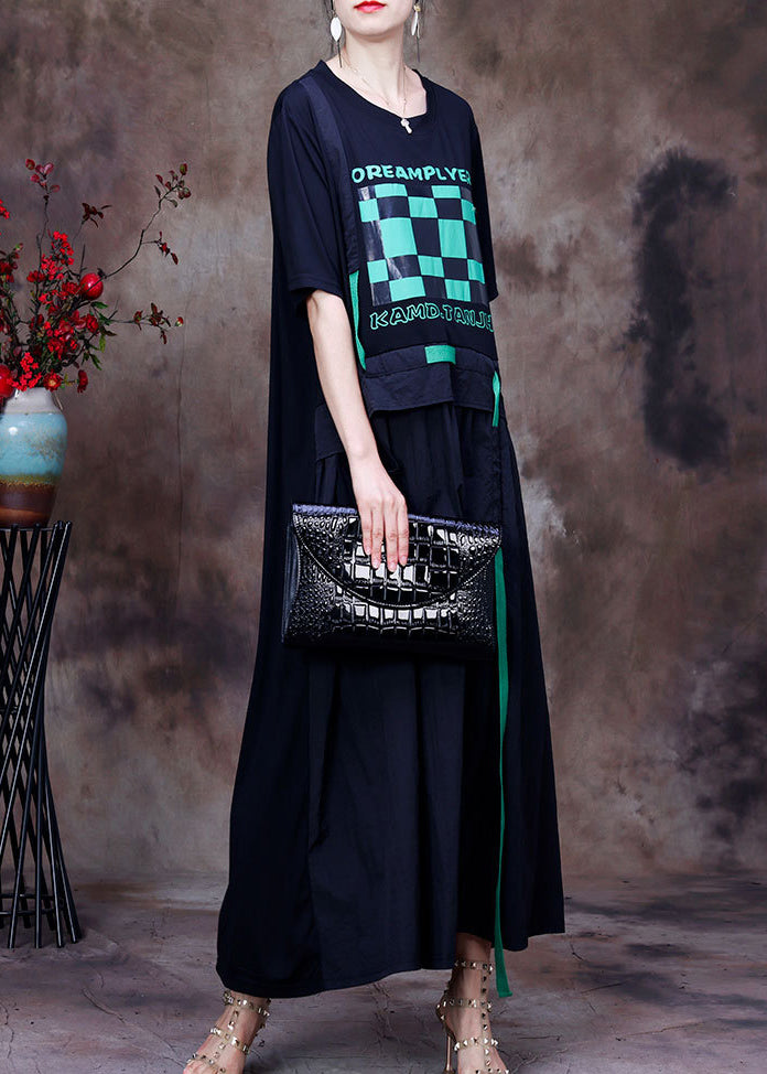 Black O-neck White Plaid Applique Oversized Cotton Sweatshirt Dresses Short Sleeve