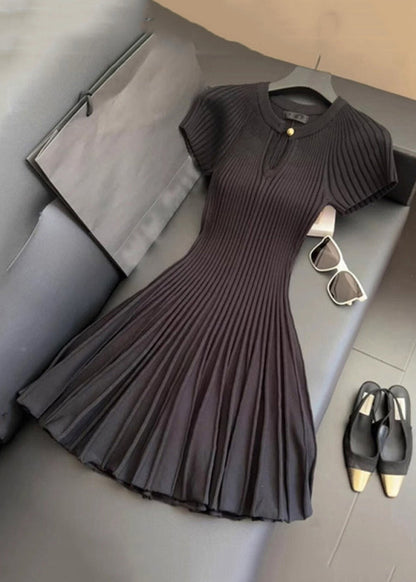 Black O Neck Wrinkled Knit Mid Dress Summer