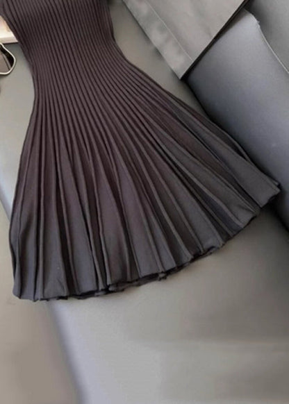 Black O Neck Wrinkled Knit Mid Dress Summer