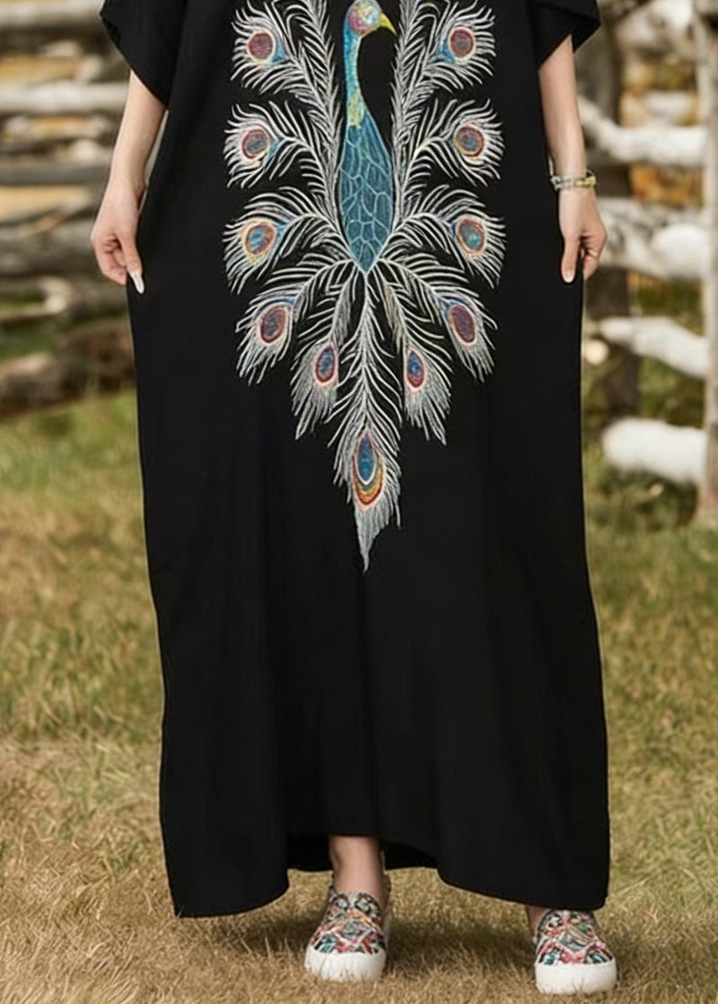 Black Oversized Peacock Print Cotton Long Dress Summer
