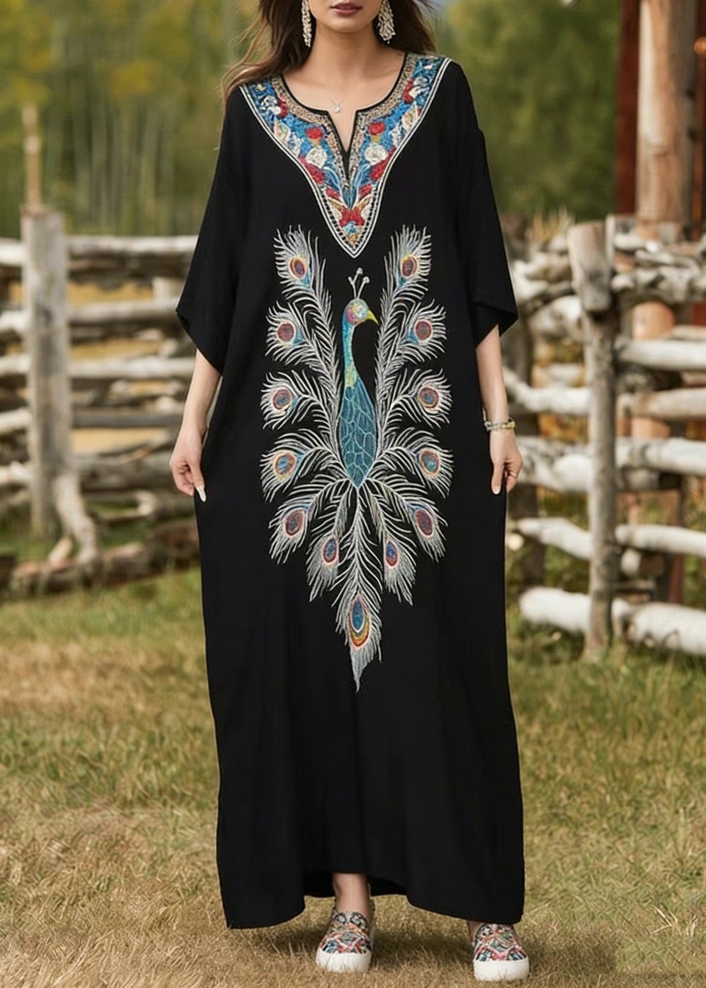 Black Oversized Peacock Print Cotton Long Dress Summer