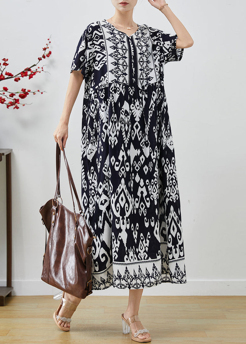Black Oversized Print Cotton Holiday Dresses Summer