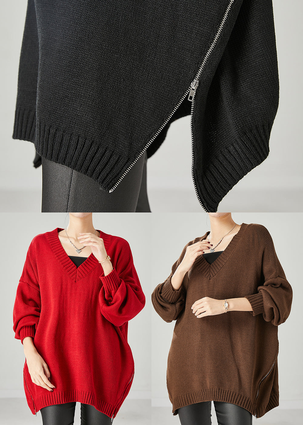 Black Oversized Side Open Knit Sweaters Spring