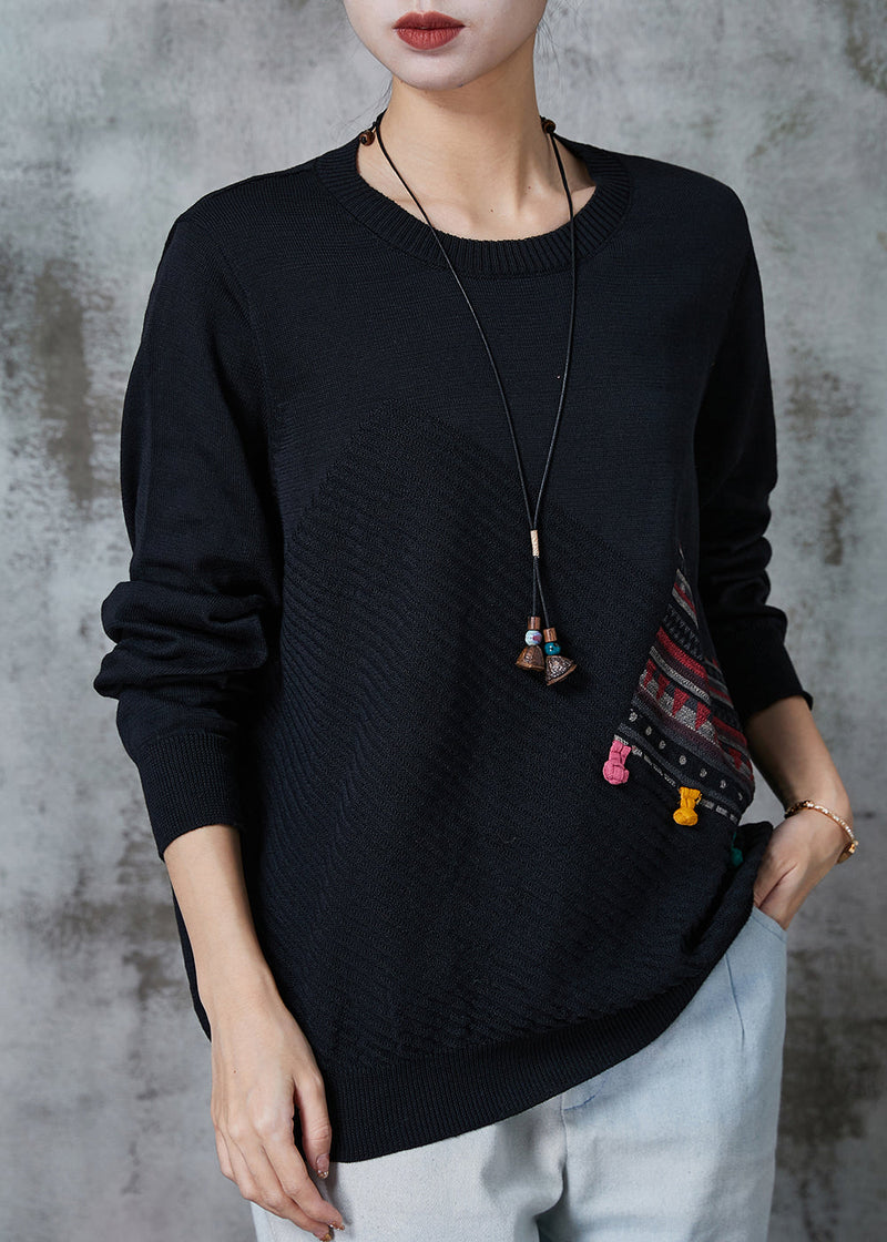 Black Patchwork Applique Knit Pullover Spring