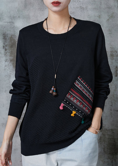 Black Patchwork Applique Knit Pullover Spring