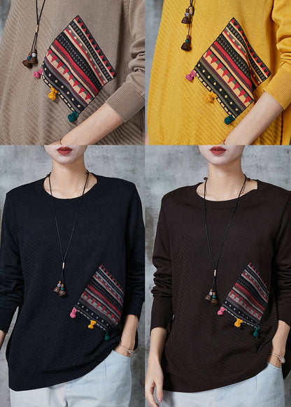 Black Patchwork Applique Knit Pullover Spring