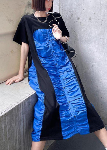 Black Patchwork Blue O-neck Long Summer Cotton Dress