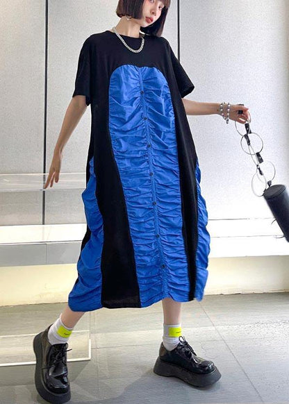 Black Patchwork Blue O-neck Long Summer Cotton Dress