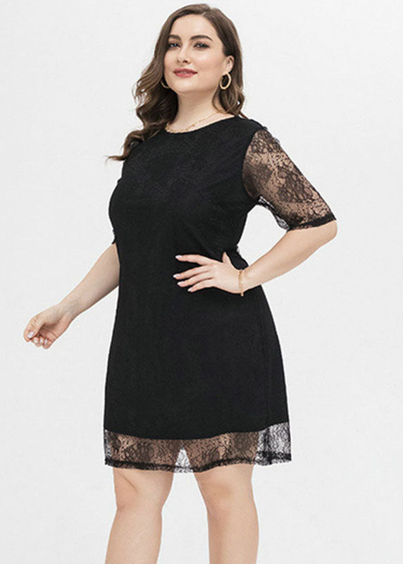 Black Patchwork Cozy Lace Mid Dresses Short Sleeve