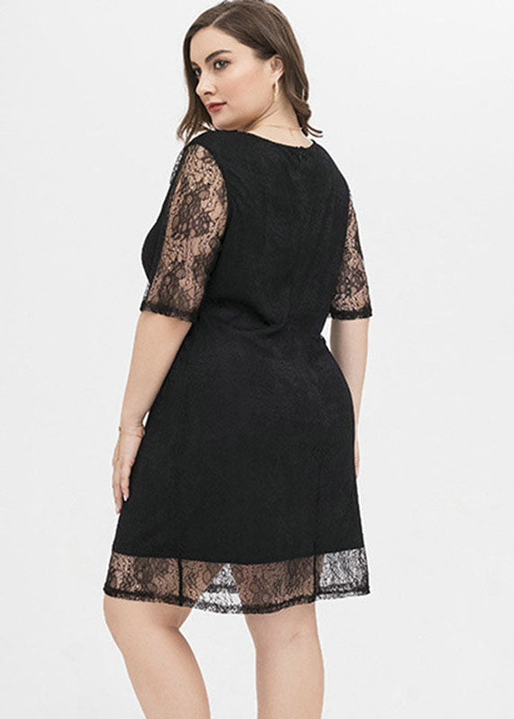 Black Patchwork Cozy Lace Mid Dresses Short Sleeve