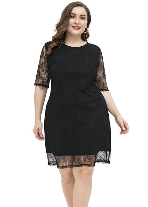 Black Patchwork Cozy Lace Mid Dresses Short Sleeve