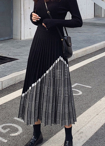 Black Patchwork Plaid Knit Skirts Winter