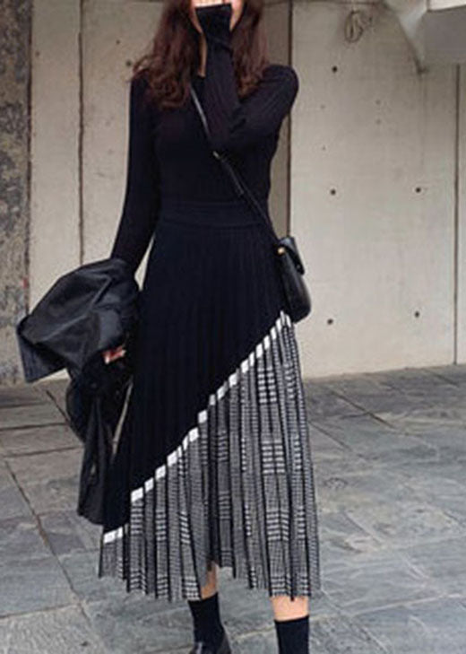 Black Patchwork Plaid Knit Skirts Winter