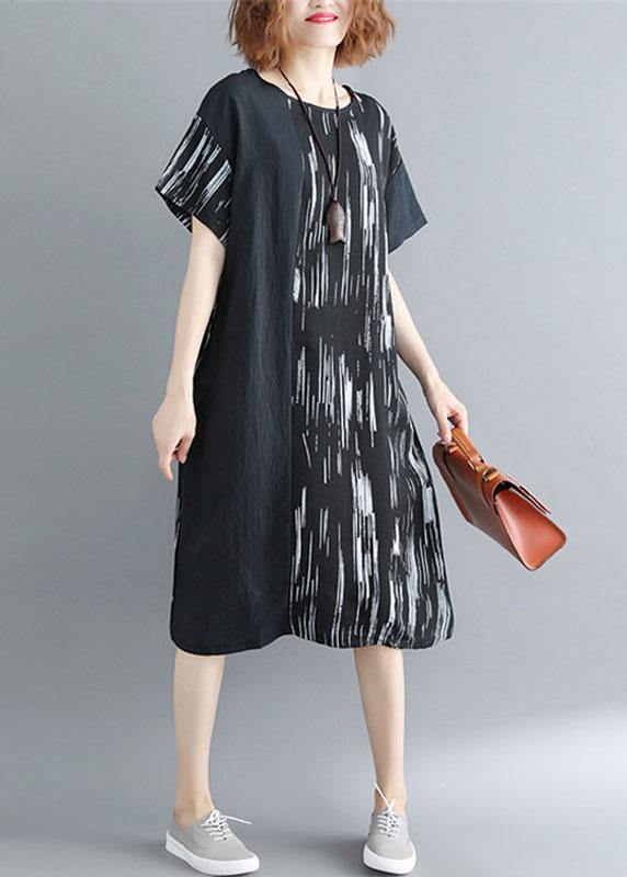 Black Patchwork Striped O Neck Cotton Maxi Dresses