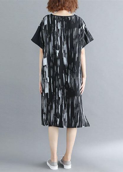Black Patchwork Striped O Neck Cotton Maxi Dresses