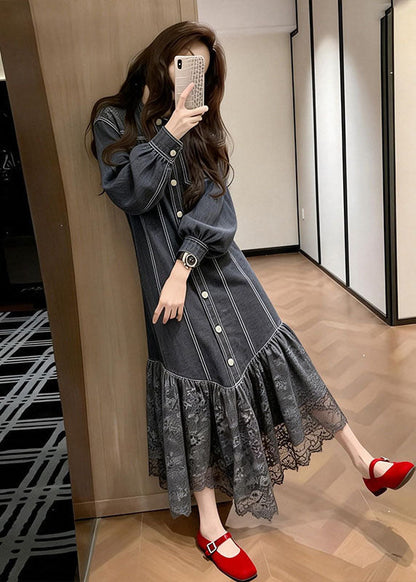 Black Peter Pan Collar Lace Patchwork Denim Dress Spring