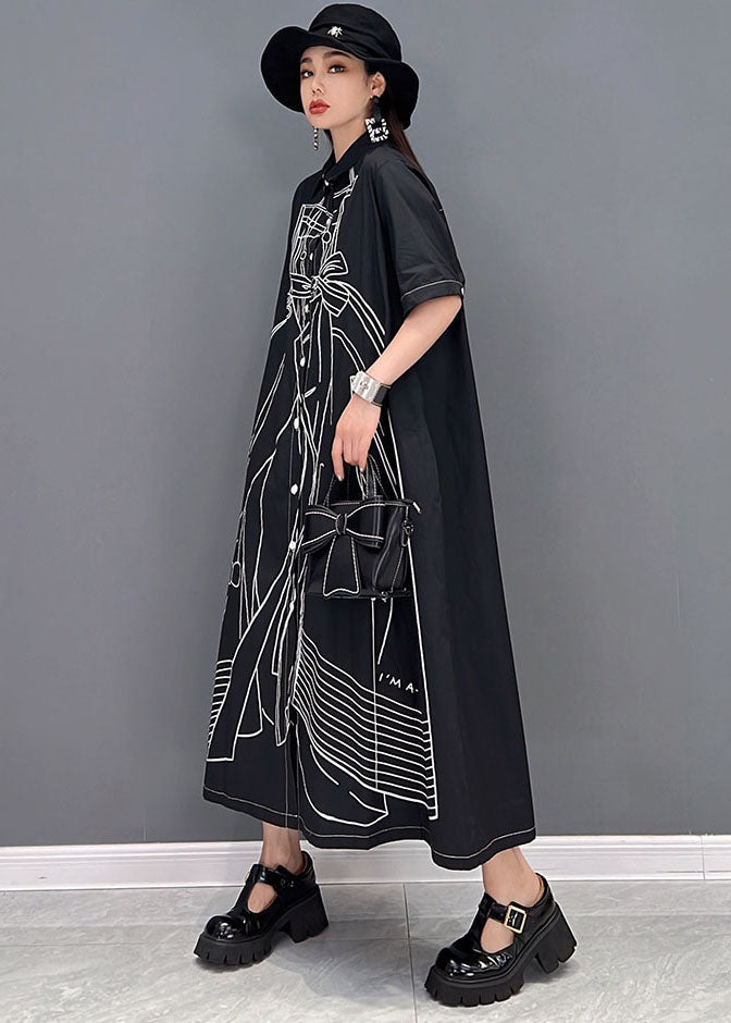 Black Peter Pan Collar Print Cotton Linen Shirt Dress Short Sleeve
