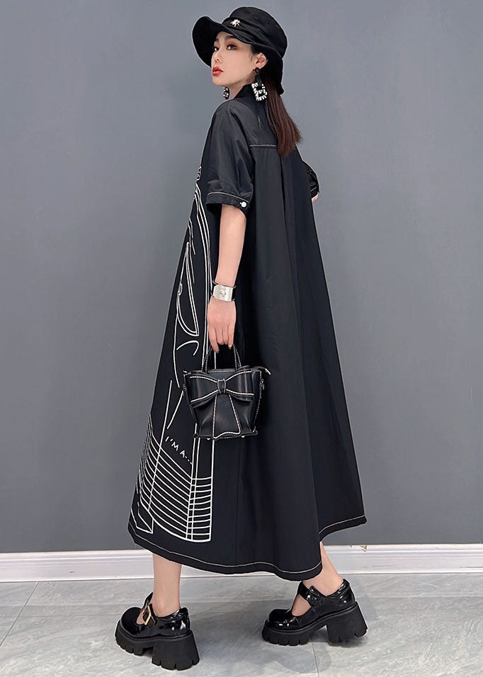 Black Peter Pan Collar Print Cotton Linen Shirt Dress Short Sleeve