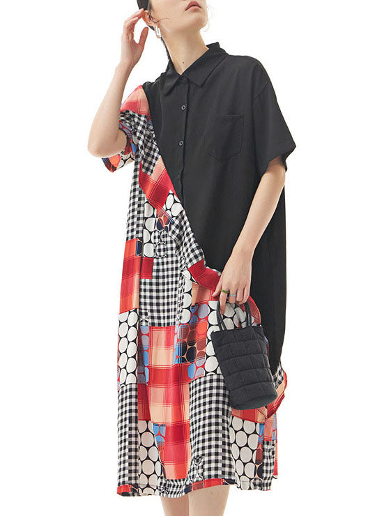 Black Peter Pan Collar Ruffled Print Patchwork Chiffon Dresses Summer