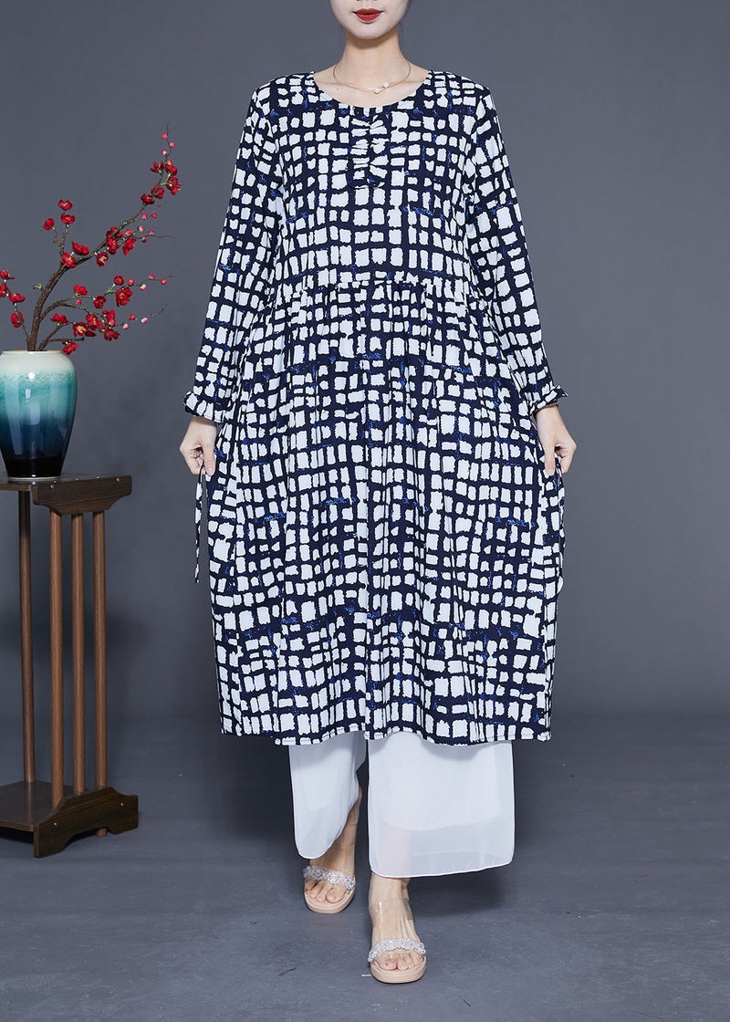 Black Plaid Tie Waist Chiffon Long Dress Summer