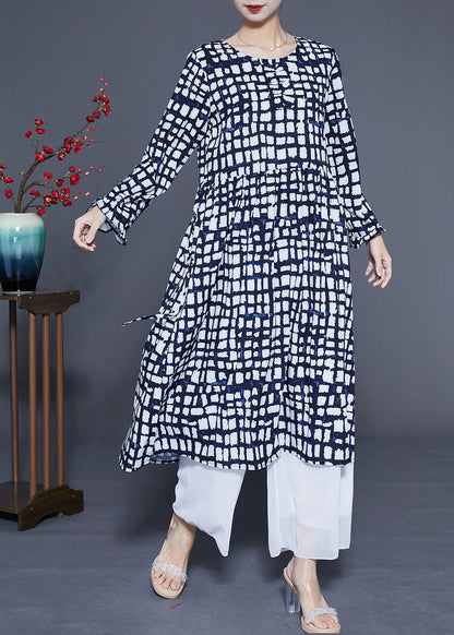 Black Plaid Tie Waist Chiffon Long Dress Summer