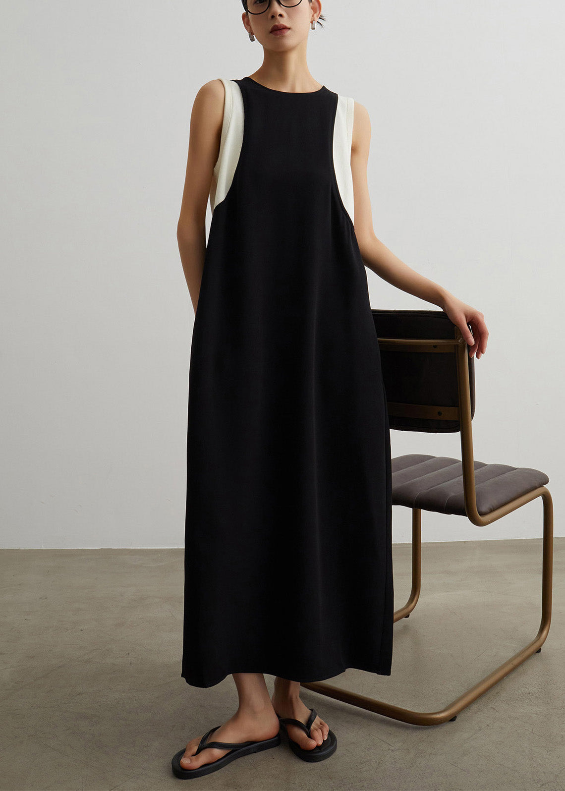 Black Pockets Patchwork False Two Pieces Cotton Long Dresses Sleeveless
