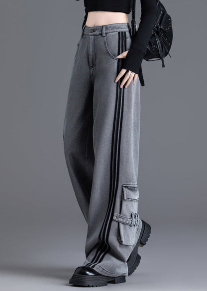 Black Pockets Patchwork High Waist Denim Pants Spring