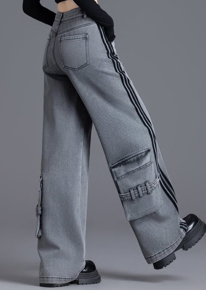 Black Pockets Patchwork High Waist Denim Pants Spring