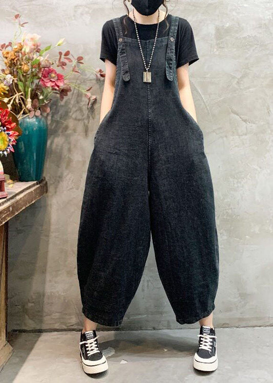 Black Pockets Denim Jumpsuits Summer