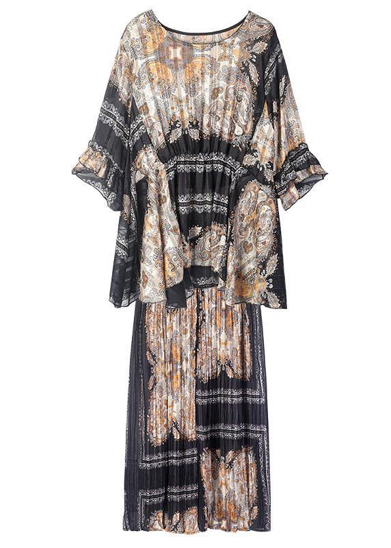 Black Print Apricot O-neck Top Wide Leg Summer Two Pieces Set