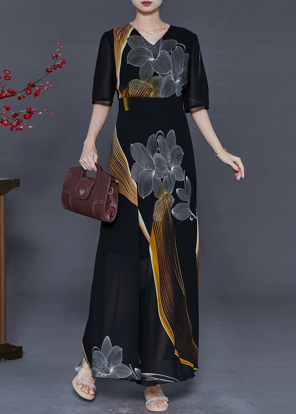Black Print Chiffon Party Dresses Summer