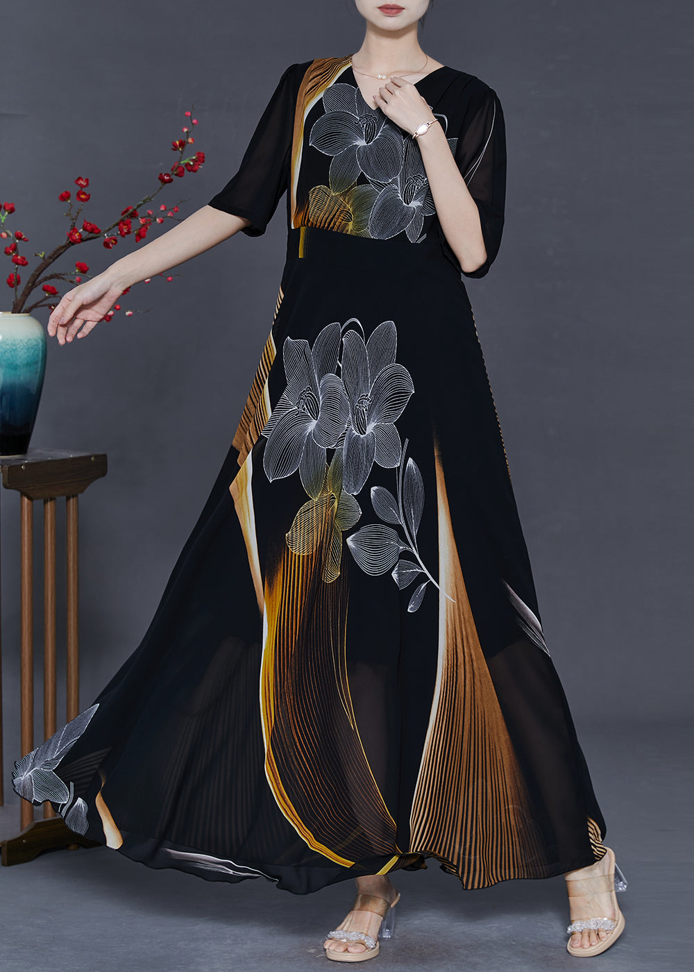 Black Print Chiffon Party Dresses Summer