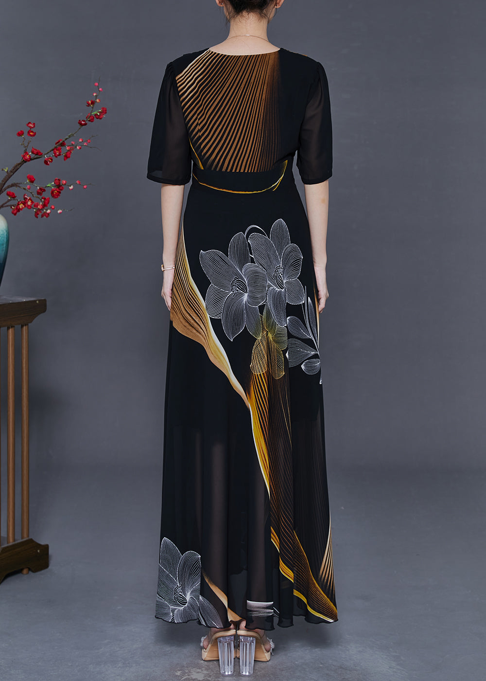 Black Print Chiffon Party Dresses Summer