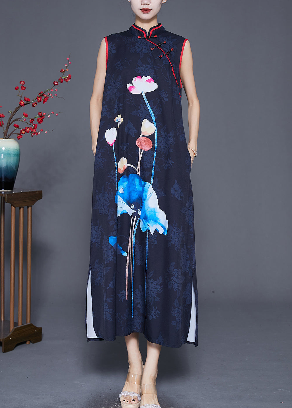 Black Print Chinese Button Silk Long Dress Sleeveless