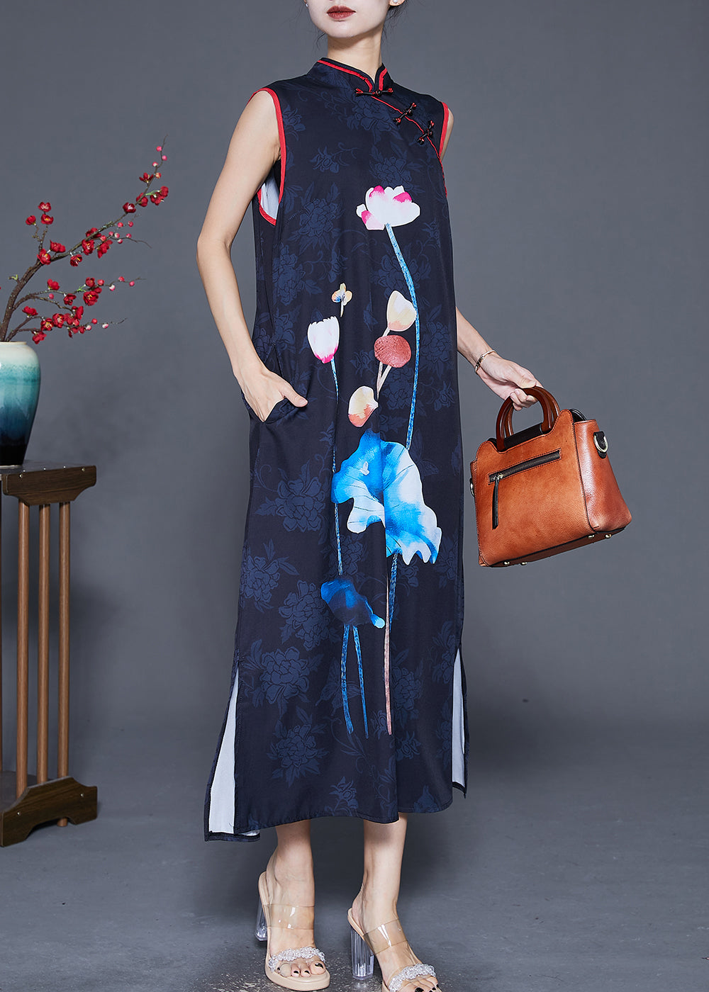 Black Print Chinese Button Silk Long Dress Sleeveless