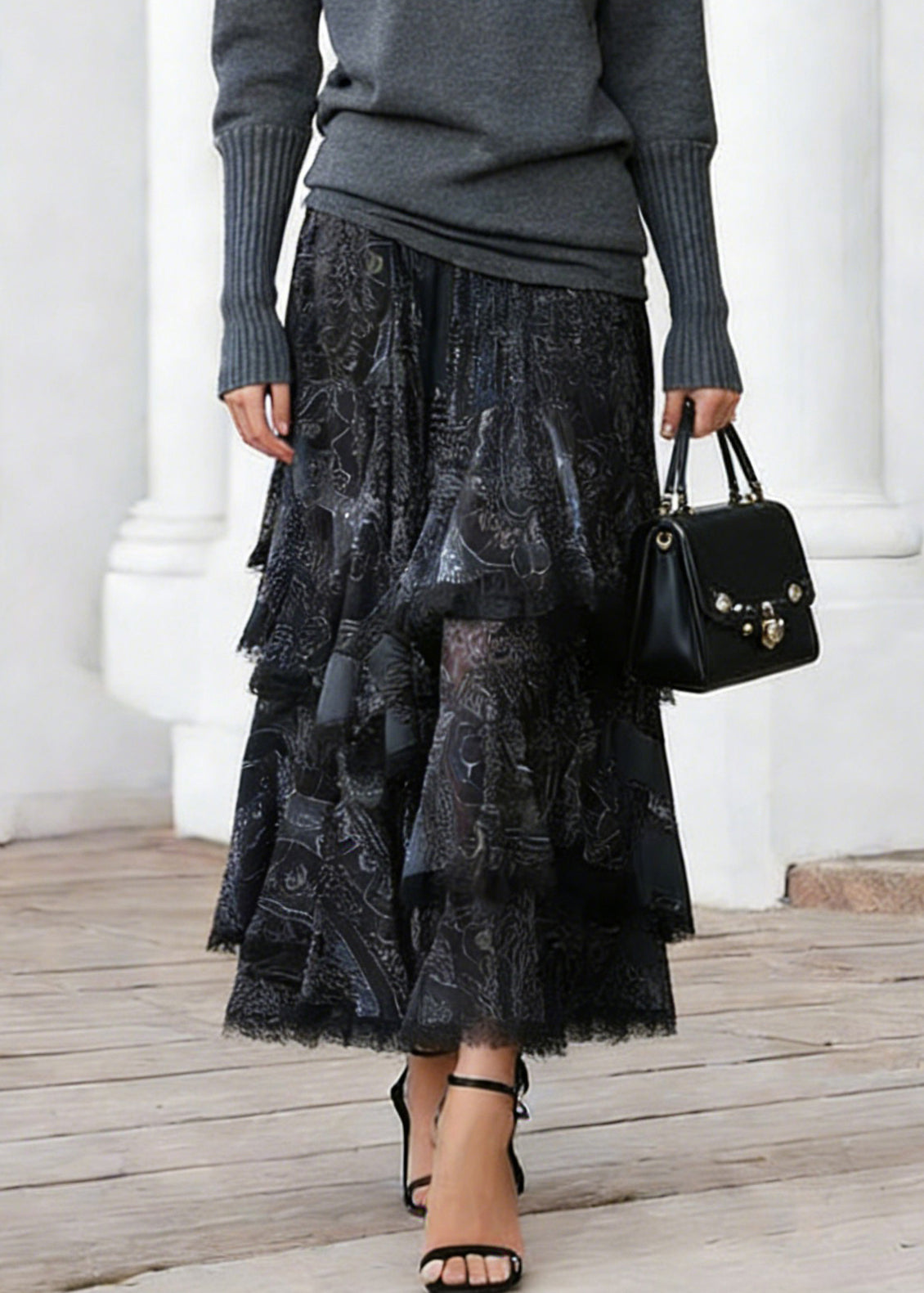 Black Print Elastic Waist Lace a Line Skirts