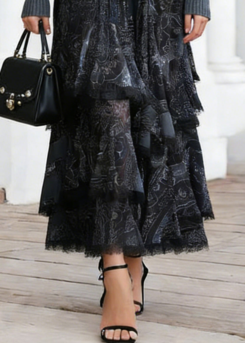 Black Print Elastic Waist Lace a Line Skirts
