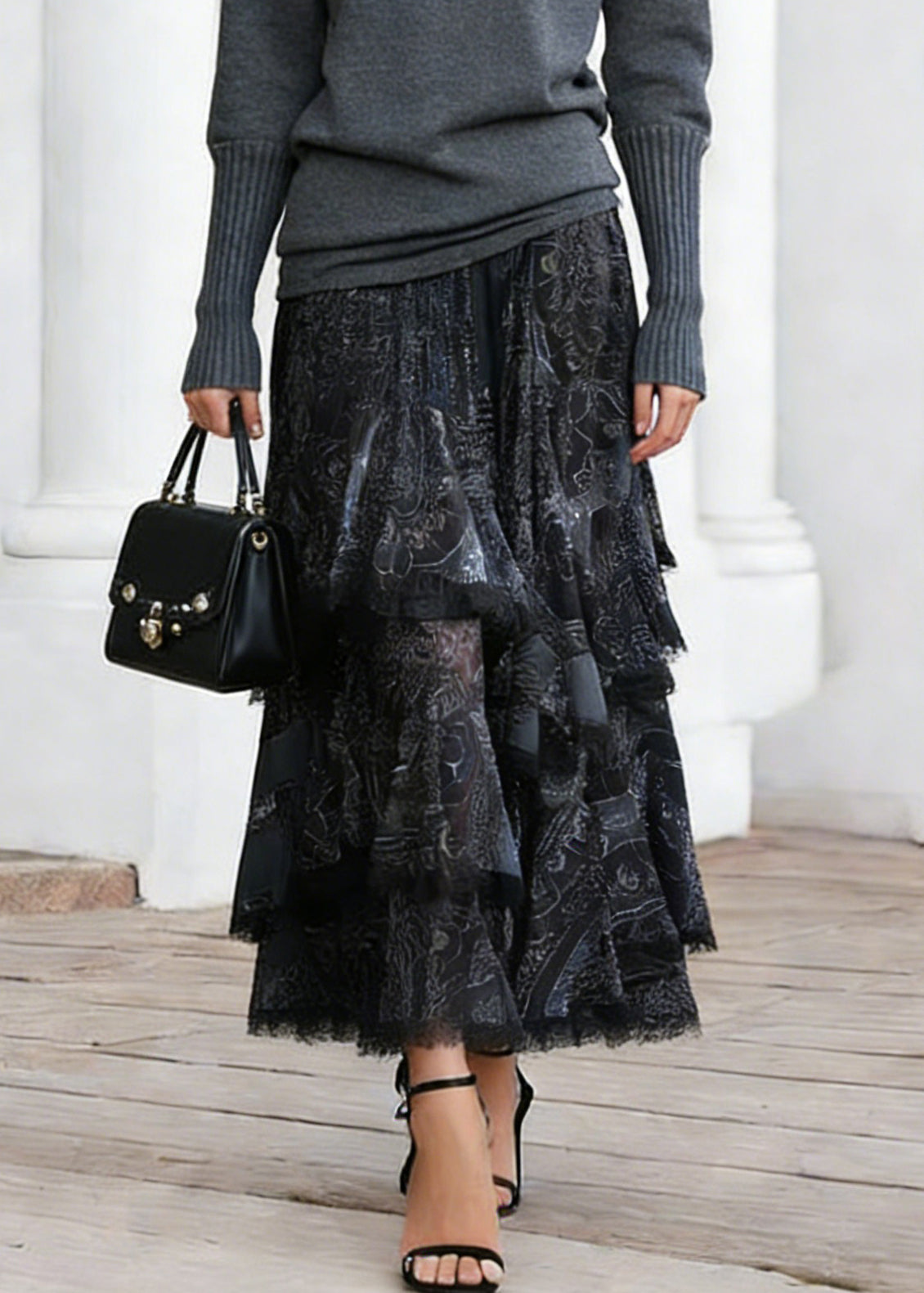 Black Print Elastic Waist Lace a Line Skirts