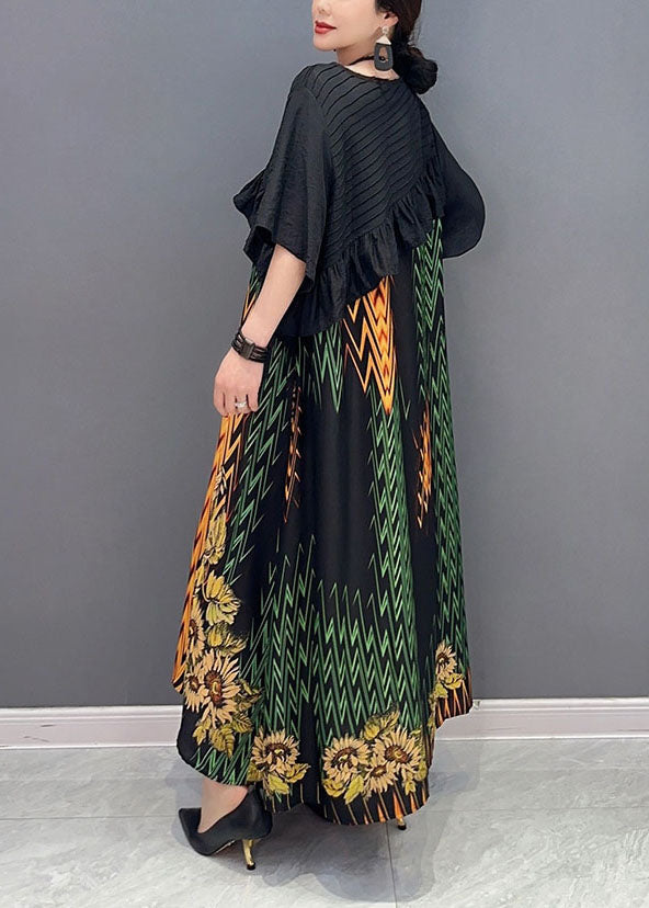 Black Print Patchwork Ruffled Silk Dress Summer