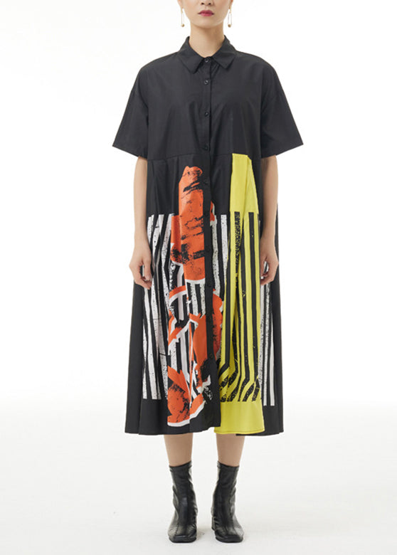 Black Print Patchwork Striped Cotton Maxi Shirt Dress Summer