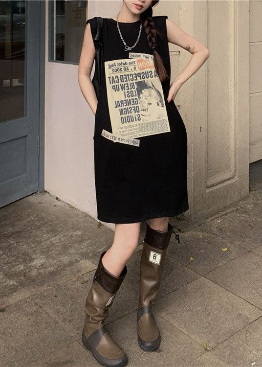 Black Print Pockets Patchwork Cotton Mid Dress Sleeveless