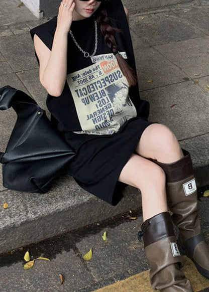 Black Print Pockets Patchwork Cotton Mid Dress Sleeveless