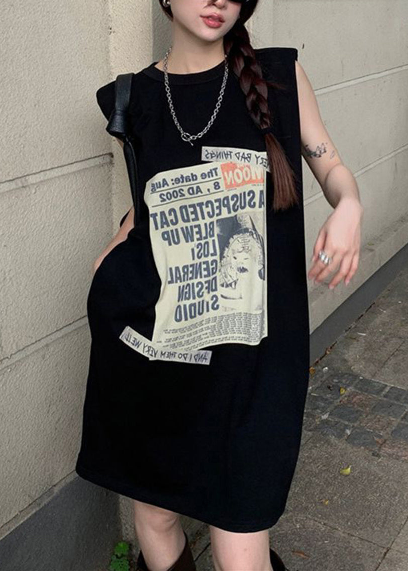 Black Print Pockets Patchwork Cotton Mid Dress Sleeveless