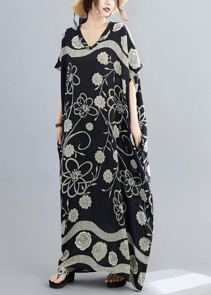 Black Print V Neck Batwing Sleeve Robe Spring Dress
