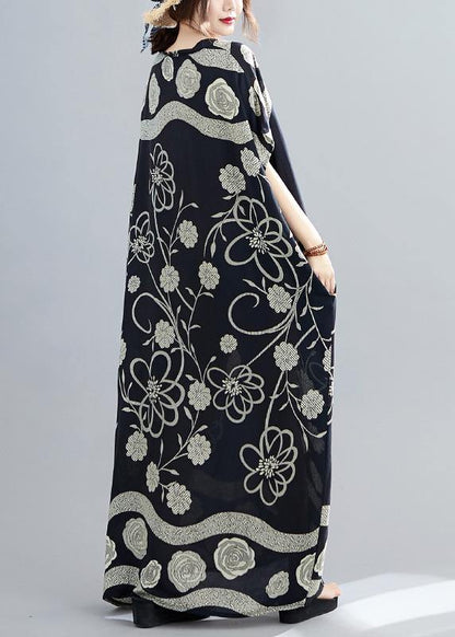 Black Print V Neck Batwing Sleeve Robe Spring Dress