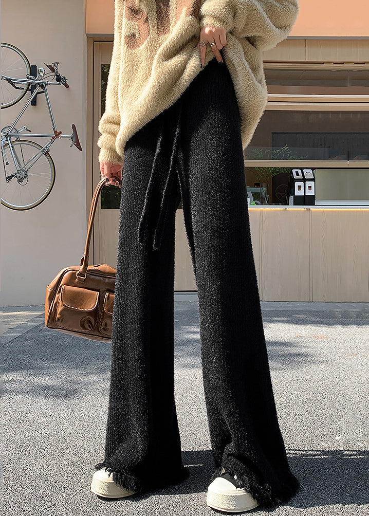 Black Raw Edge High Waist Mink Hair Knitted Pants