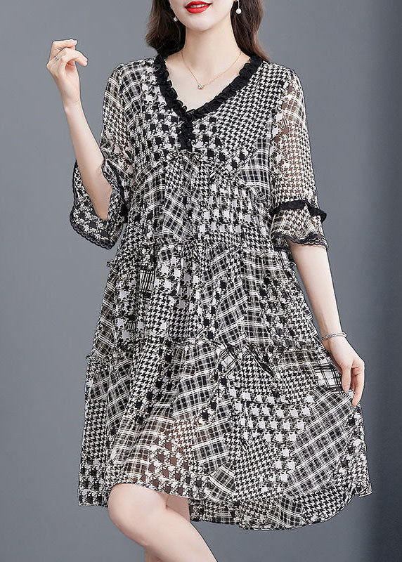 Black Ruffled Patchwork Print Exra Large Hem Chiffon Dresses Half Sleeve