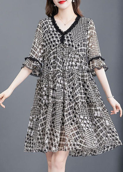 Black Ruffled Patchwork Print Exra Large Hem Chiffon Dresses Half Sleeve