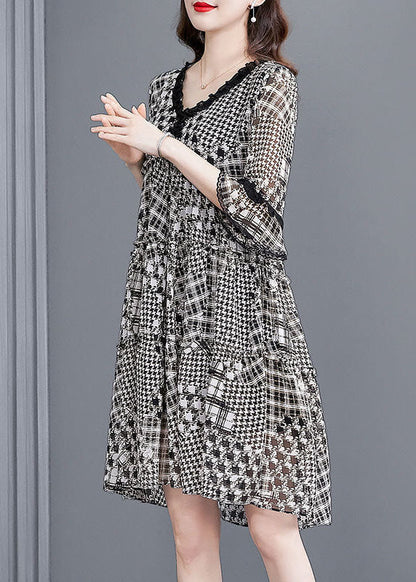 Black Ruffled Patchwork Print Exra Large Hem Chiffon Dresses Half Sleeve